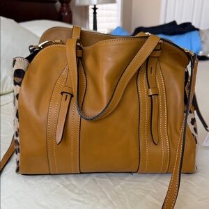 Elegant Tan soft Italian Leather Satchel with Leopard Accents